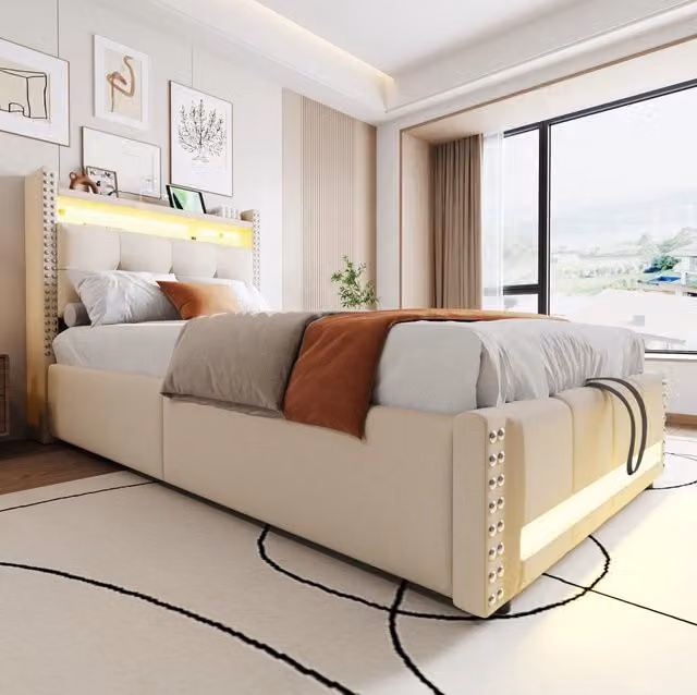 Letto imbottito 90x200 cm con LED; contenitore e porta USB in lino beige