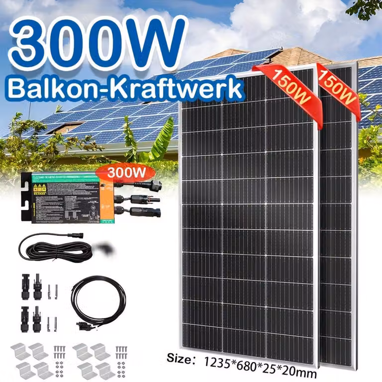 Kit di pannelli solari - Centrale energetica da balcone da 300W - 2 pannelli mon cristallini da 150W ciascuno - Con micro-inverter