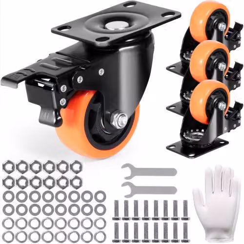 Set di 4 Ruote Girevoli VEVOR in PVC Nero con Freno, Silenziose, Capacità di Carico 113 kg, Diametro 76,2 mm per Carrelli e Banchi da Lavoro