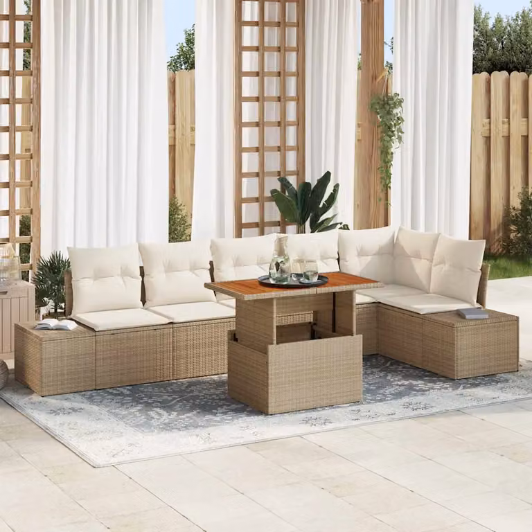 Set Divano da Giardino vidaXL 7 Pezzi in Poly Rattan Beige con Cuscini e Struttura in Metallo