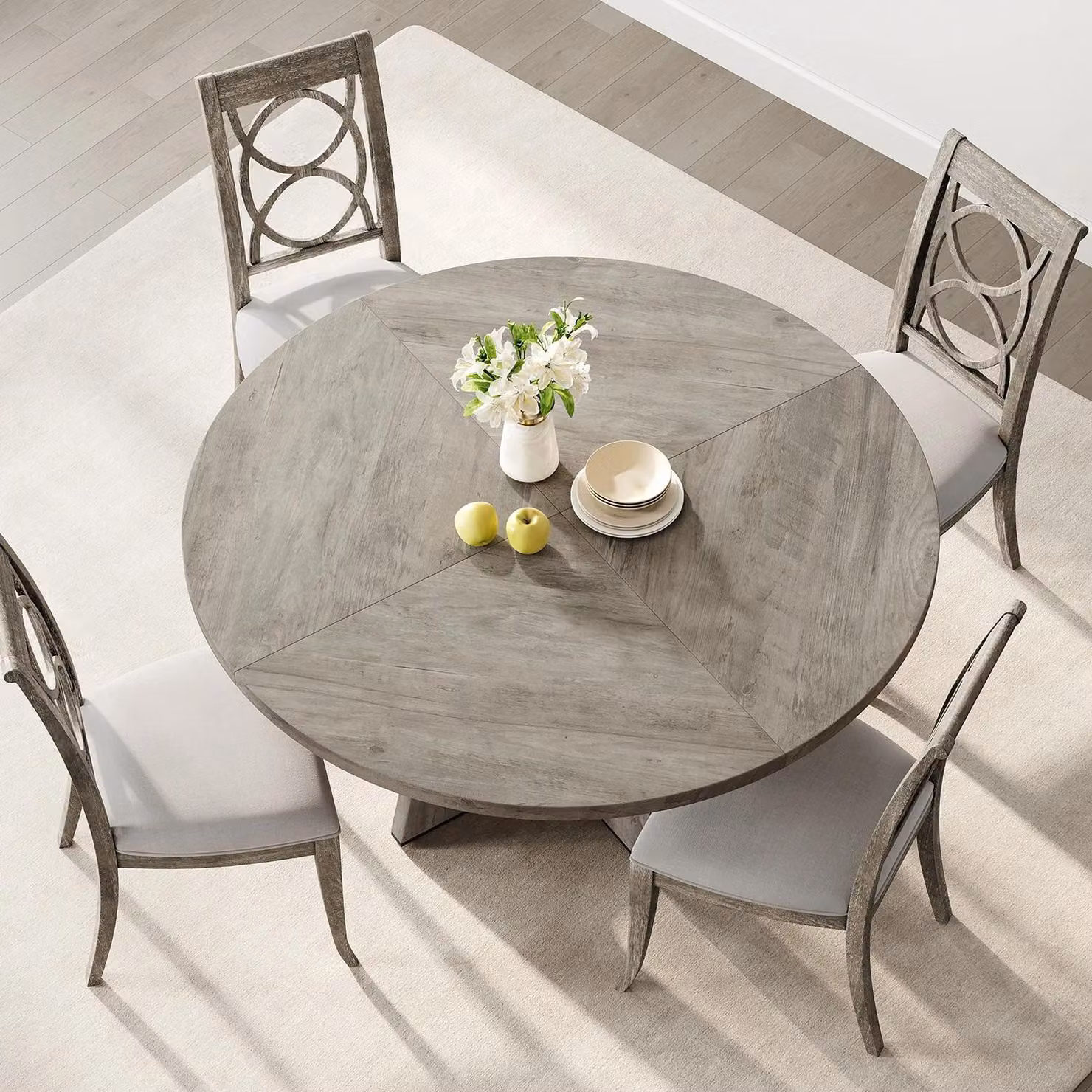 Tavolo rotondo da pranzo, diametro 120 cm - Tavolo per 4-6 persone - Piano del tavolo con finitura effetto legno - Base a colonna - Design moderno e minimalista - Grigio