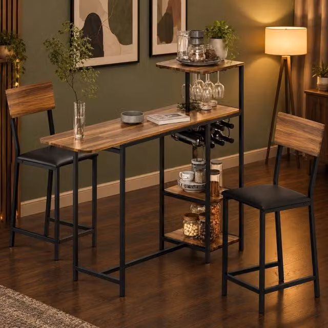Set Tavolo Bar Allungabile 3 Pezzi con 2 Sgabelli in Ecopelle, Struttura in Metallo, Ripiani Porta Vino, Colore Marrone