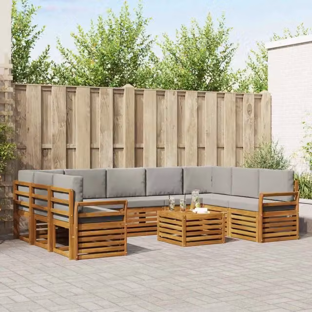 Set di divani da esterno vidaXL a forma di U in legno di acacia con cuscini beige e grigio chiaro – 1