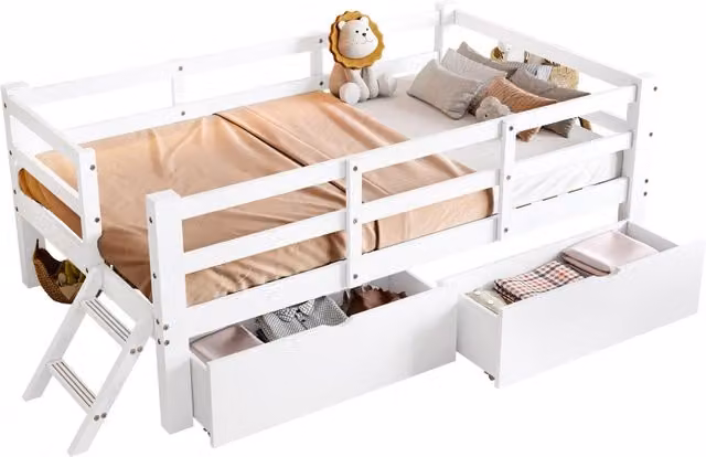 Letto per bambini singolo 90×200 cm con barriera di sicurezza e 2 cassetti; senza materasso; legno; bianco