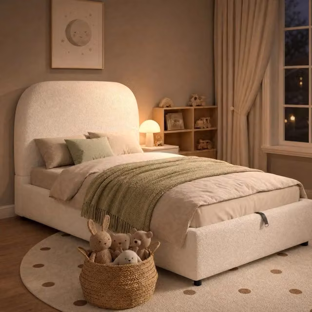 Desviae Lit enfant 90 × 200 cm avec coffre hydraulique, tête de lit rembourrée, sans matelas, en bouclé beige