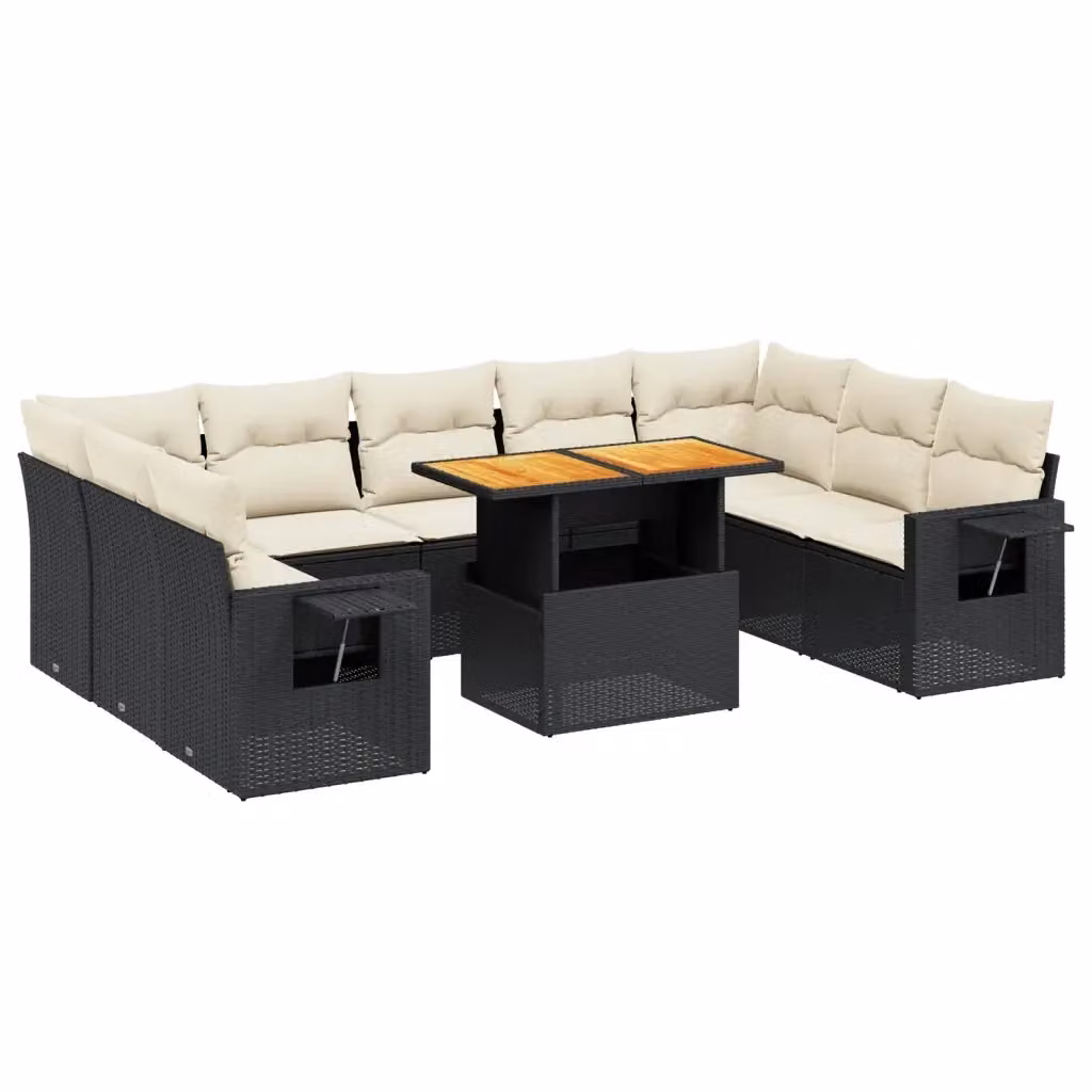 vidaXL Set Divani da Giardino a L in Polyrattan Nero con Cuscini e Tavolino da Esterno – 2