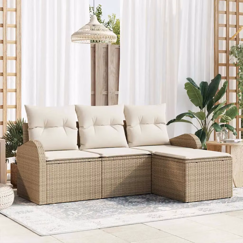 Set Divano da Giardino a L con Poltrona e Pouf vidaXL in Polyrattan Beige con Cuscini e Rivestimenti Rimovibili – 1