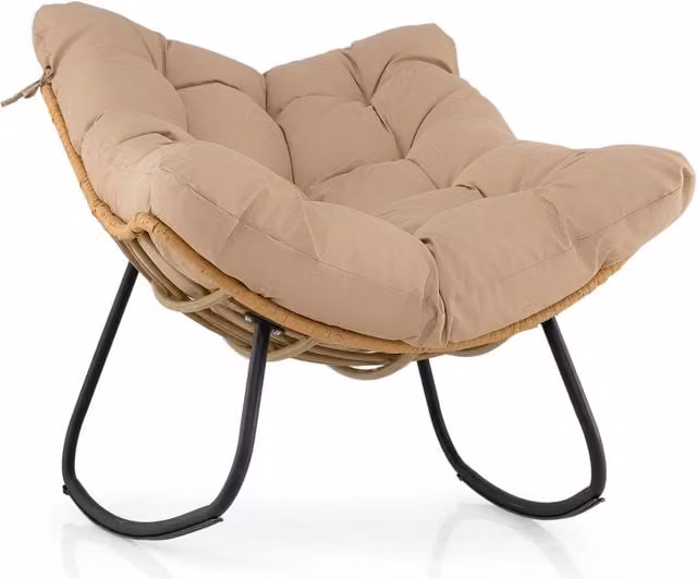 Sedia a dondolo in rattan e metallo con cuscino rimovibile beige per interno ed esterno in stile boho