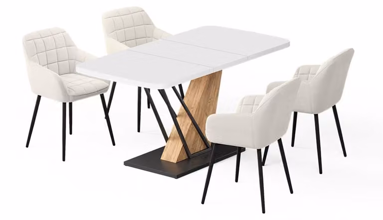 Set di tavoli da pranzo Vicco Fenaro Bianco/Rovere dorato 120 x 80 cm con 4 sedie da pranzo, Model 62768