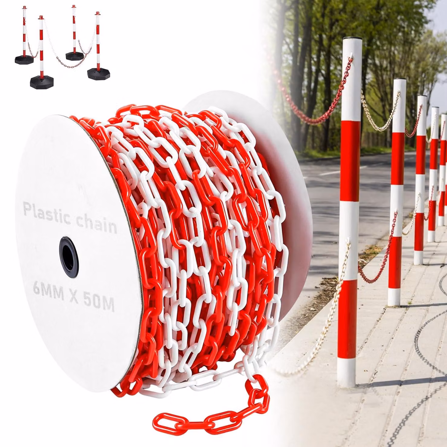 Catena di delimitazione, lunghezza 50 metri, colore rosso e bianco, materiale plastico, diametro 6 mm