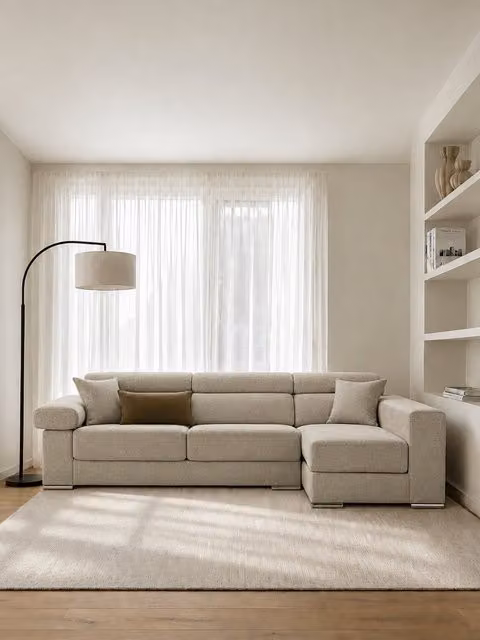 Divano Dolmen Kenay Home con chaise longue destra, 4 posti, reclinabile e con seduta estraibile, colore perla, L: 298 cm