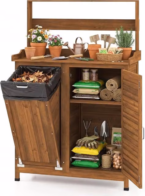 Tavolo da Giardinaggio, Armadietto da Esterno in Legno Massello con Ripostiglio, Ripiani Rimovibili e 2 Ante, Tavolo da Lavoro per Piante da Giardino, Prato e Cortile