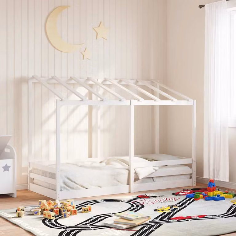 Letto per bambini vidaXL con struttura a casetta in legno massello di pino, colore bianco, L/P/H: 195,5 x 75 x 138 cm