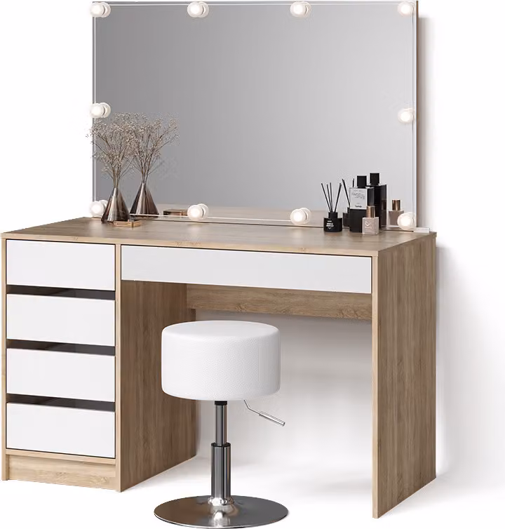 Tavolo da toeletta Livinity Imola Bianco/Sonoma con specchio, catena luminosa LED e sgabello, Model 52370