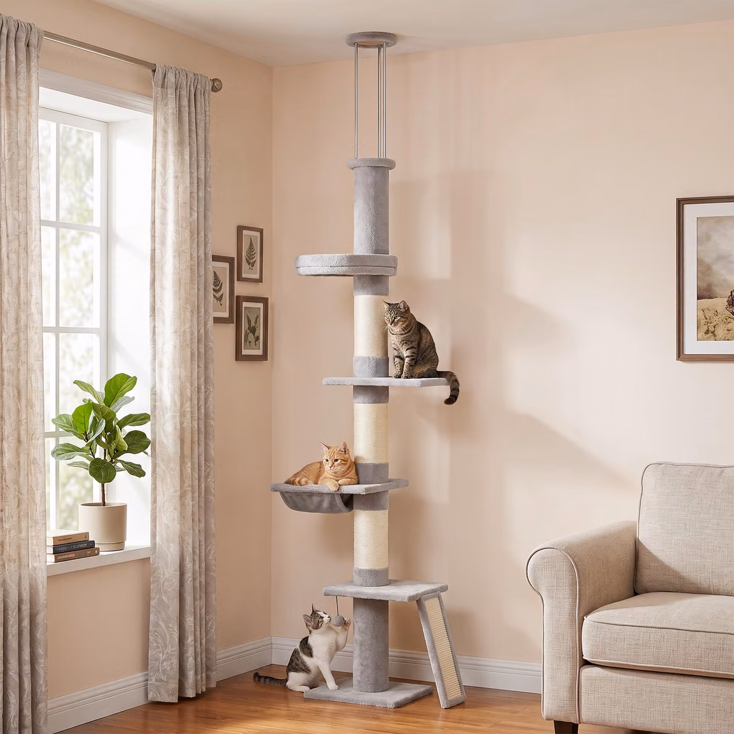 Tiragraffi per gatti a soffitto PawHut con amaca e grotta, in peluche grigio chiaro, Altezza: 230-260 cm – 2