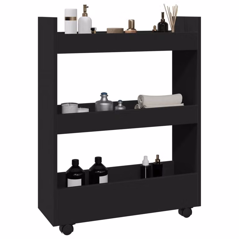 vidaXL Carrello Portaoggetti a 3 Livelli Nero in MDF Laminato con Ruote, H: 80 cm, L: 60 cm, P: 22 cm