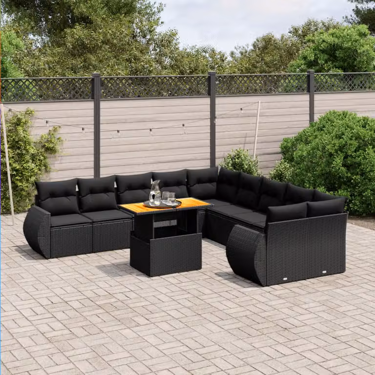 vidaXL Set Divani da Giardino a L 11 pz con Cuscini e Tavolino Nero in Polyrattan e Legno di Acacia