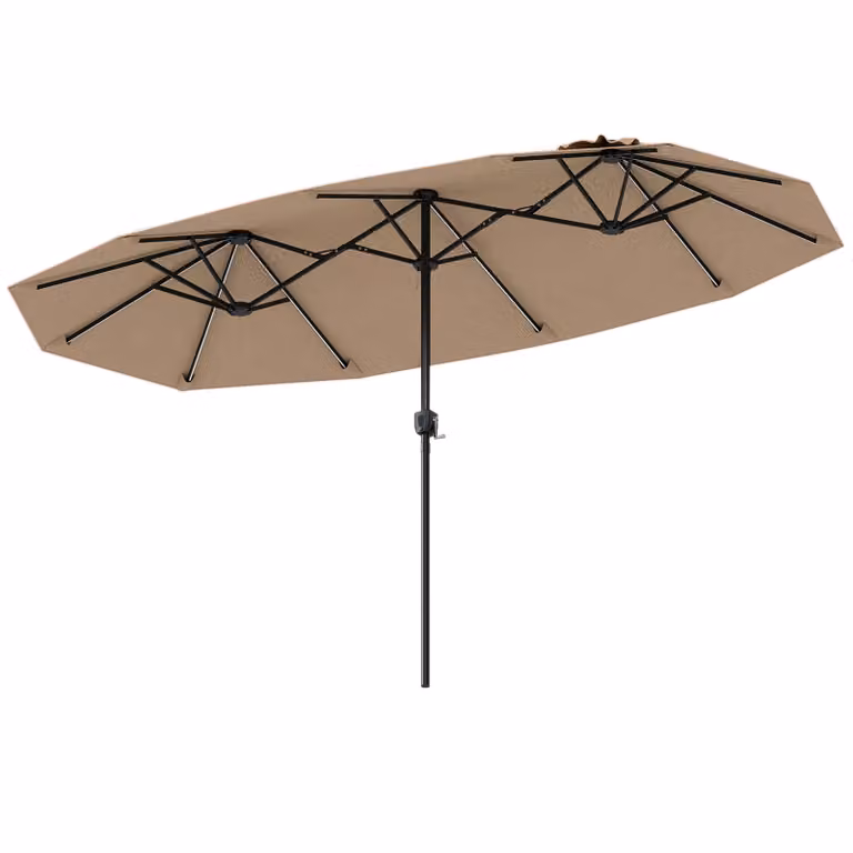Ombrellone da giardino doppio Costway con luci LED e pannello solare, colore marrone, con manovella e 12 stecche in metallo, H: 230 cm, L: 400 cm, P: 210 cm