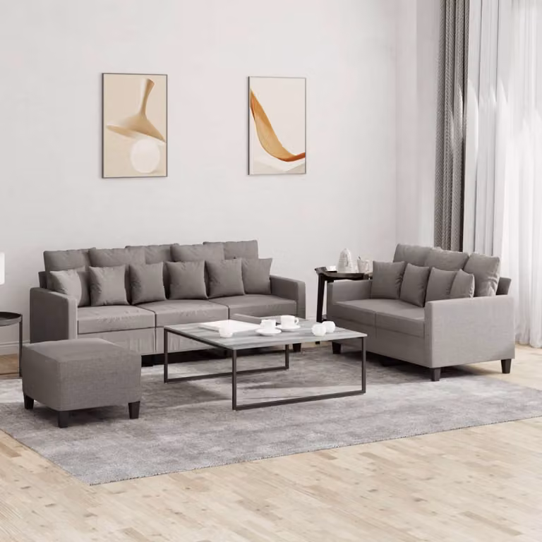 Set di Divani vidaXL 3 Pezzi con Pouf in Tessuto Beige e Grigio per Soggiorno Moderno
