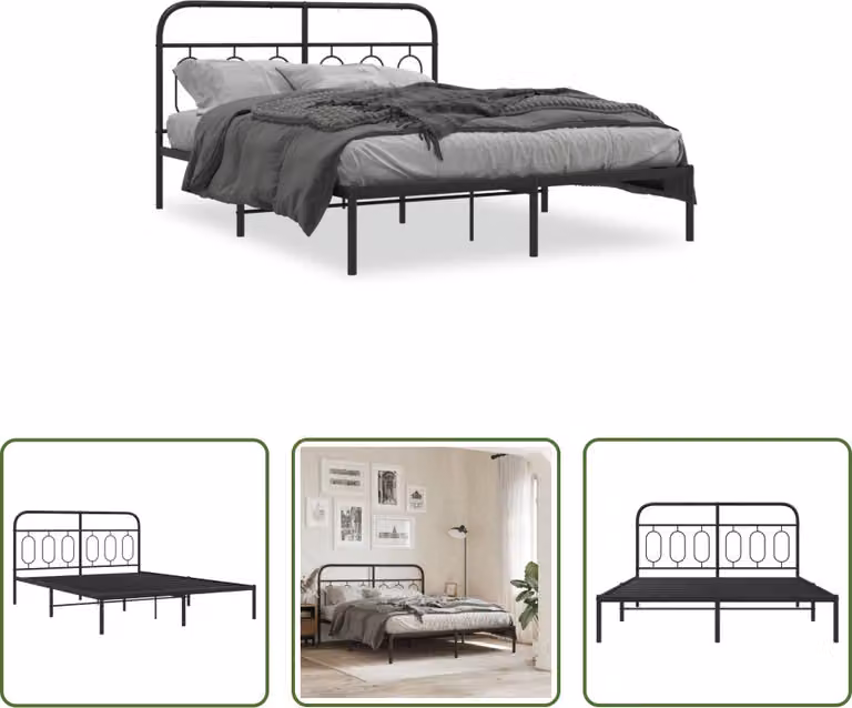 The Living Store Struttura letto con testiera in metallo nero 135x190 cm