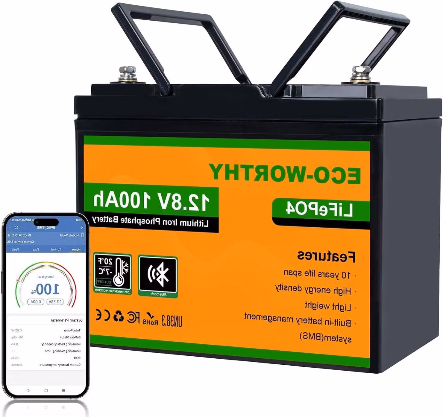 Batteria LiFePO4 da 12V 100Ah - Batteria al litio - Batteria per camper - Batteria per furgoni - Batteria per impianti solari - Monitoraggio Bluetooth