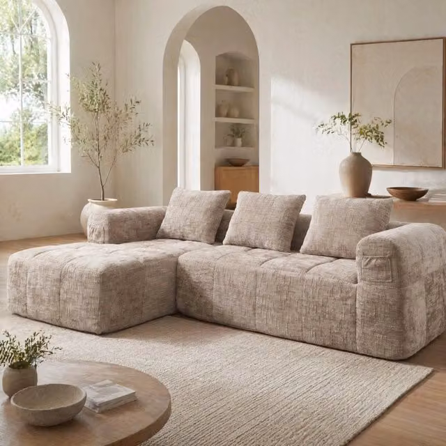 Divano angolare 250x158 cm in ciniglia color kaki con chaise longue e 3 cuscini HOMVRA