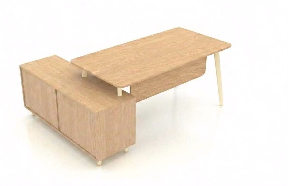 Scrivania con elemento contenitore integrato. Design moderno per ufficio