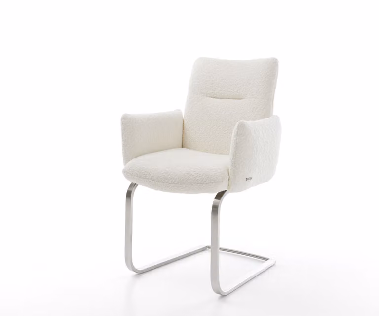 DELIFE Sedia a dondolo Jova-Flex con braccioli, rivestita in tessuto bouclé bianco. Sedia a dondolo dal design minimalista, con struttura in acciaio inossidabile e imbottitura in molle insacchettate