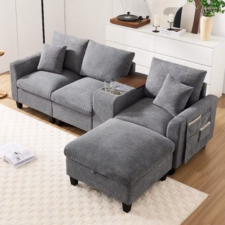 Divano angolare Cord grigio, divano a forma di L, 4 posti, divano modulare con poggiapiedi contenitore, consolle centrale, porta USB e portabicchieri, dimensioni 229x149,5 cm
