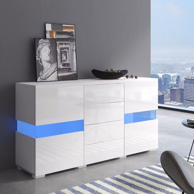 Sideboard REDOM moderno in MDF bianco lucido con illuminazione LED integrata L/P/H: 140 x 35 x 72 cm