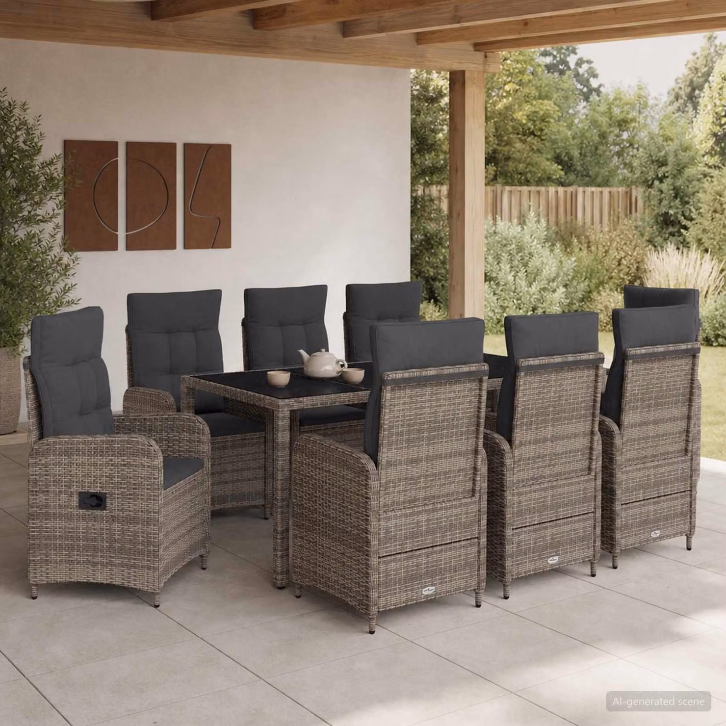 Set da pranzo per esterni vidaXL in polyrattan e vetro, 9 pezzi, Grigio