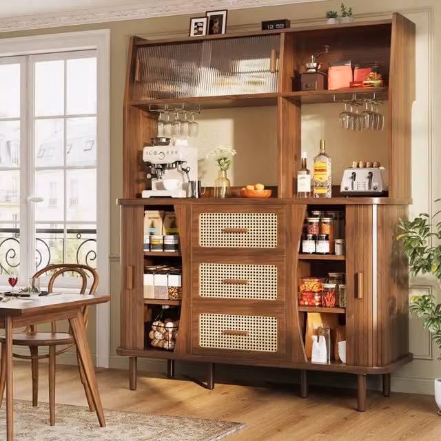 Credenza da cucina alta con ante scorrevoli in vetro, 3 cassetti e vani aperti, noce, 140 × 40,5 × 174,5 cm