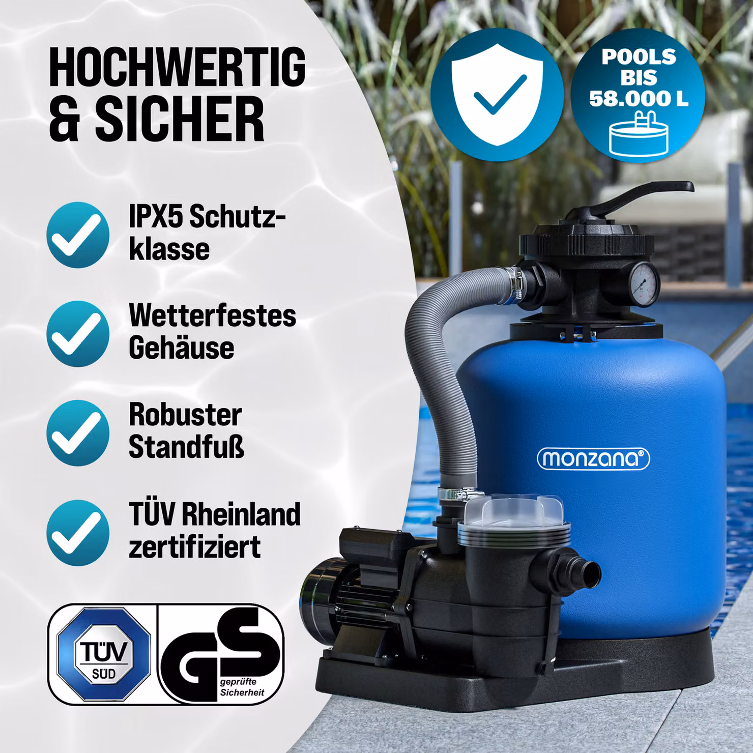 Pompa filtro a sabbia per piscine MONZANA con sfere filtranti, portata 13,2 m3/h, colori nero e blu – 3