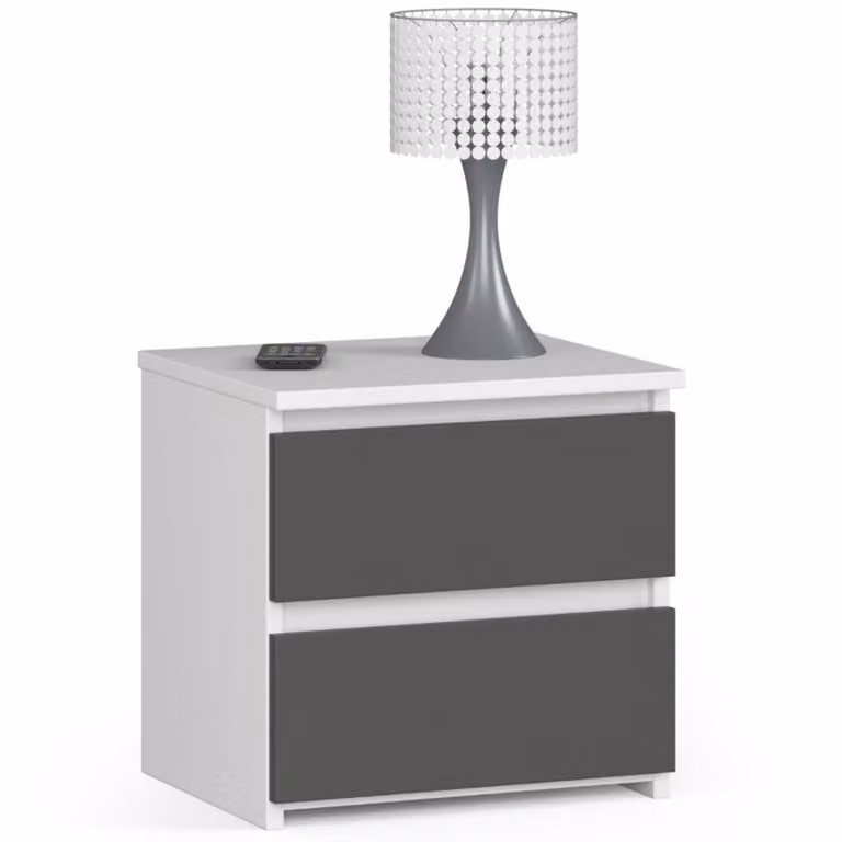 Comodino a due cassetti, alto 40 cm e largo 40 cm, soggiorno, camera da letto, ingresso, armadio, credenza, credenza alta, ampio spazio contenitivo, bianco-grigio