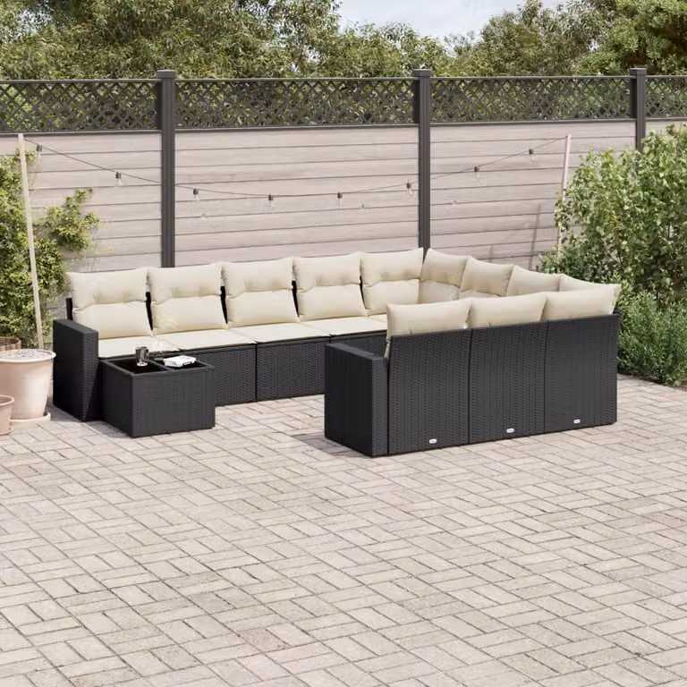 vidaXL Set Divani da Giardino 11 pz in Polyrattan Nero con Cuscini e Tavolino da Esterno