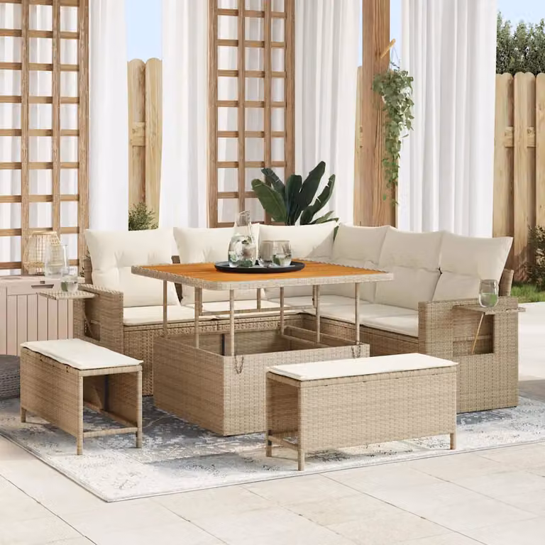 vidaXL Set Divano da Giardino 9 Pezzi a Forma di L con Cuscini Beige e Struttura in Metallo e Polyrattan per 8 Persone
