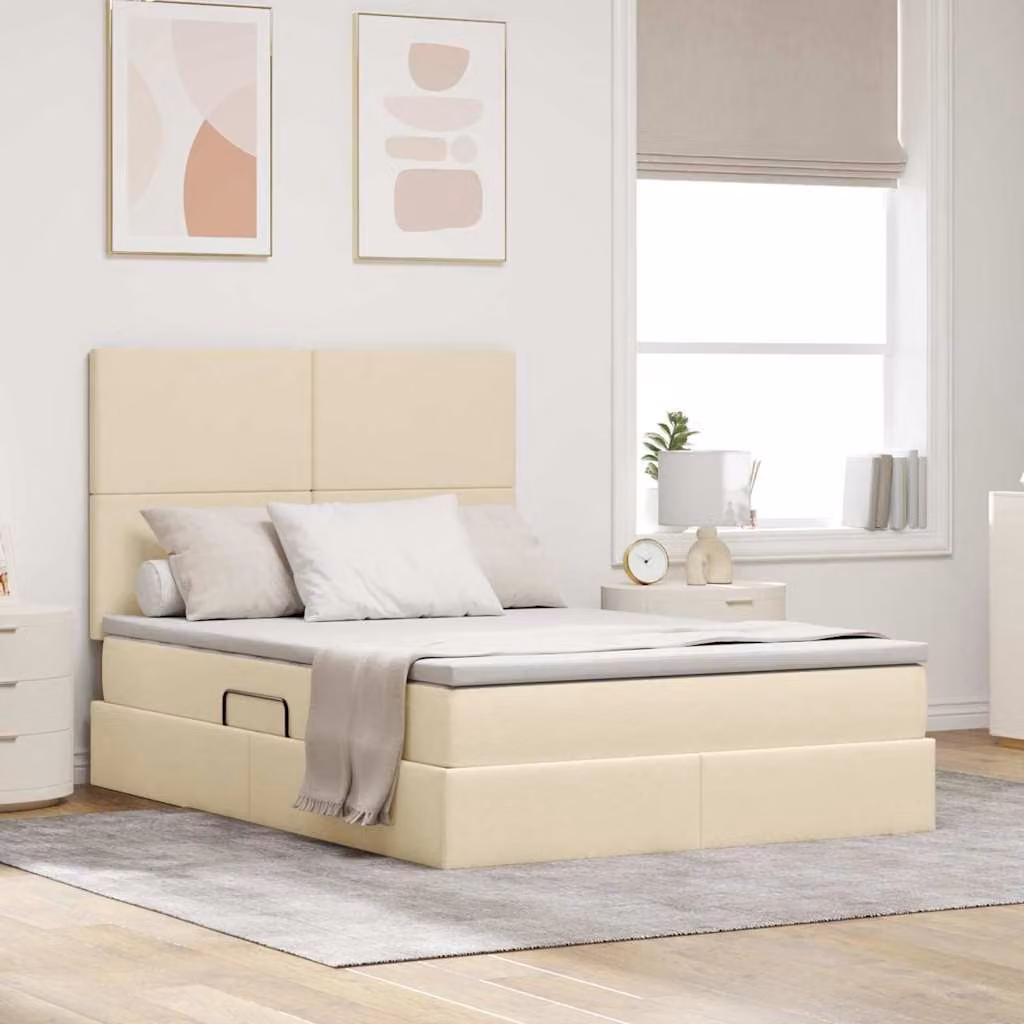 Letto con contenitore vidaXL con illuminazione LED e porta USB, colore beige, L/P/H: 140 x 200 x 128 cm