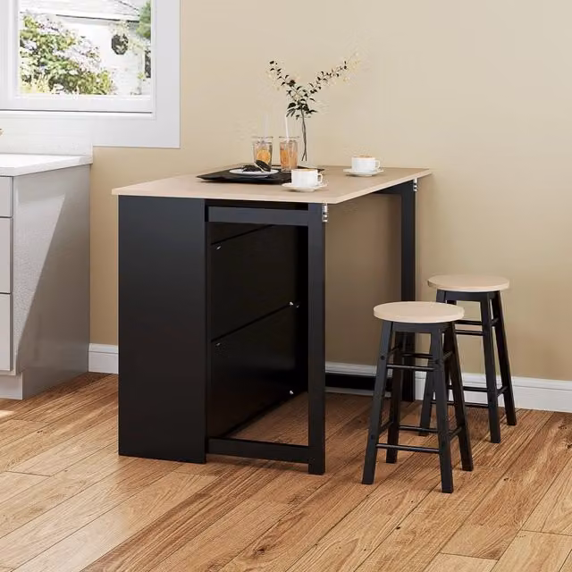 Set bar WISHDOR composto da tavolo pieghevole e 2 sgabelli con ripiani e armadietto, nero