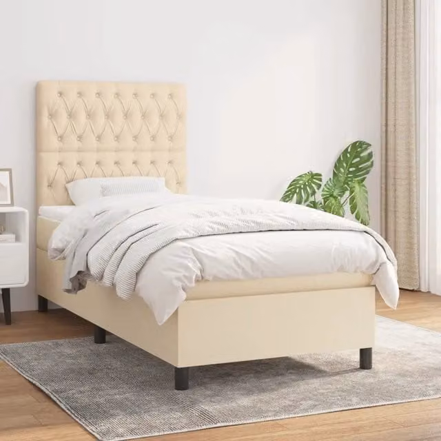 Letto Ibrido vidaXL con Giroletto a Molle e Materasso in Tessuto Beige e Bianco L/P/H: 203 x 90 x 128 cm