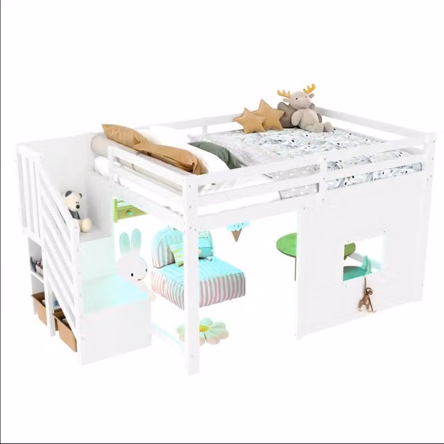 Letto a soppalco 140x200 bianco con scale e finestra, struttura in legno con illuminazione LED
