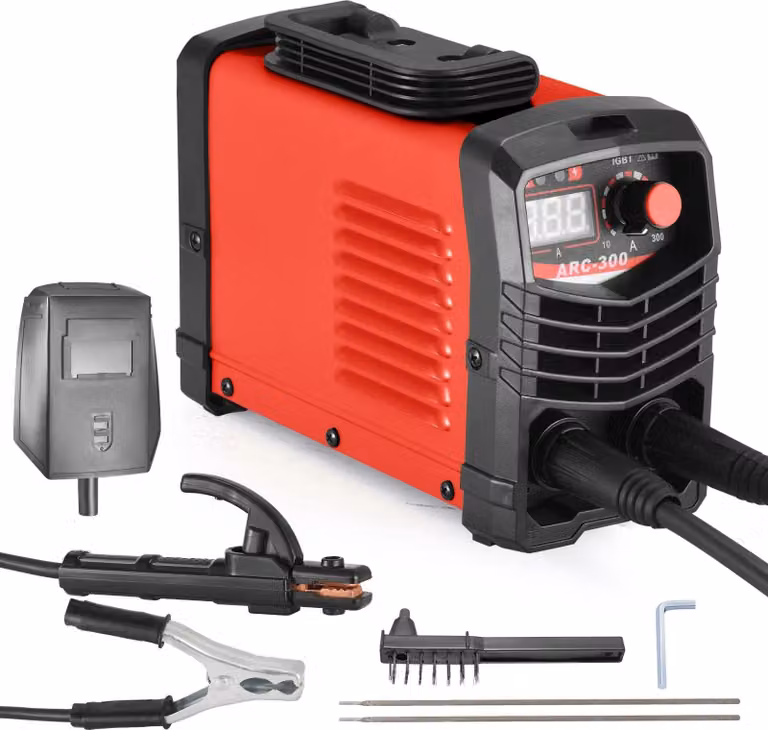 Saldatrice inverter MMA/ARC - Saldatura con elettrodi IGBT 300A - - Con portautensili, morsetto di massa, maschera, spazzola, elettrodi a bastoncino - Rosso
