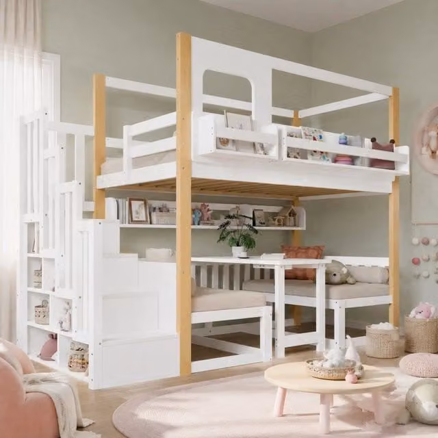 Letto a castello 90x200 cm bianco e naturale in legno e MDF con scala contenitore