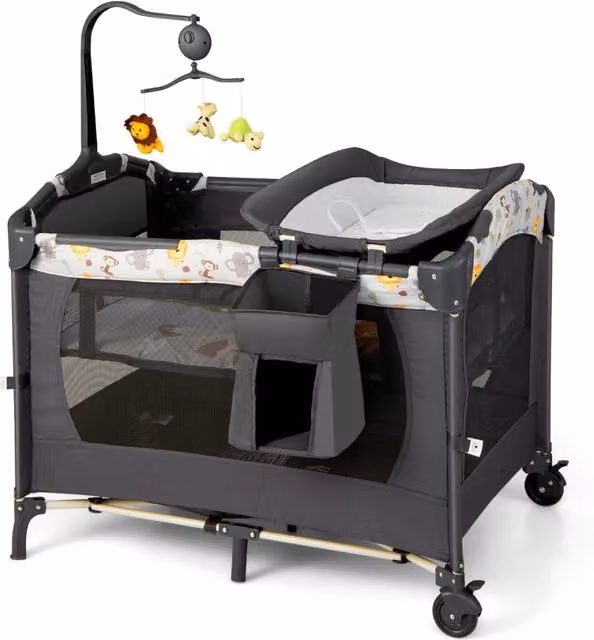 Box portatile 3 in 1 per bambini DESIGN IN, letto pieghevole con tasche laterali e carillon, colore Nero