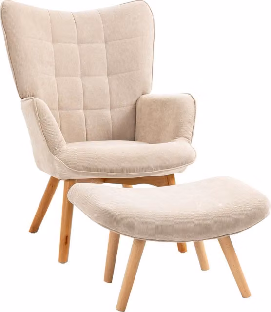 Poltrona relax con pouf, in tessuto corda e gambe in legno ¨C Minimal ¨C Beige