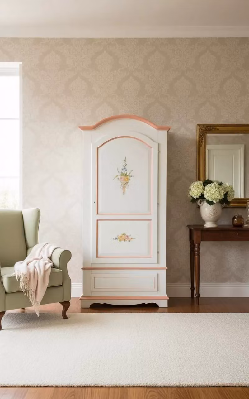 Armadio classico shabby chic Mobili 2G con 1 anta in legno bianco e decori floreali rosa L: 96 cm, P: 56 cm, H: 196 cm – 2