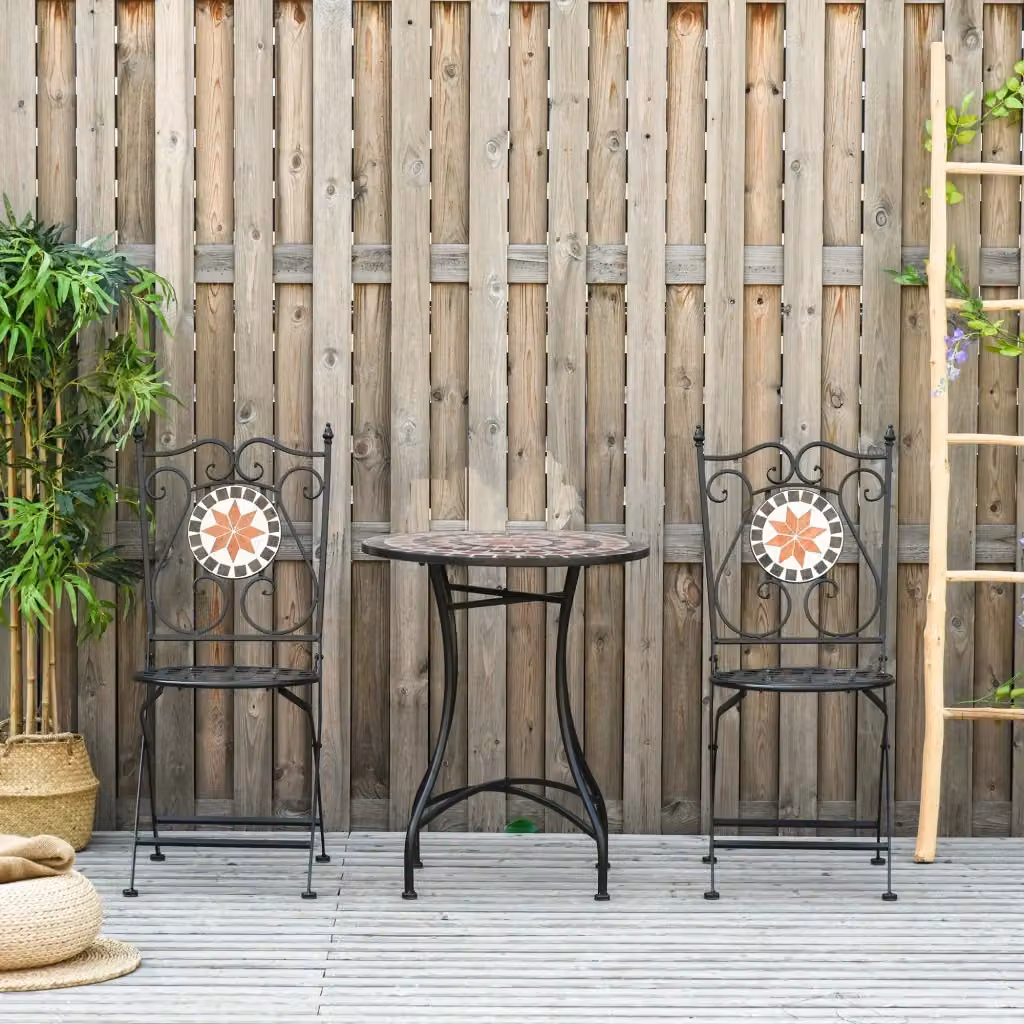 Set da giardino Easycomfort composto da 2 sedie pieghevoli e 1 tavolino rotondo in metallo e ceramica multicolore con design mediterraneo – 2