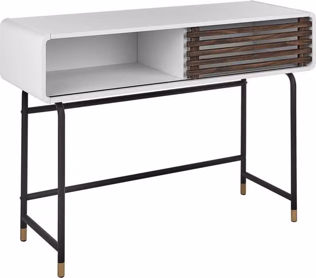 Tavolo consolle BELIANI bianco con sportello scorrevole a lamelle in legno scuro stile rustico per soggiorno ingresso o camera da letto L/P/H: 104 x 40 x 80 cm – 1