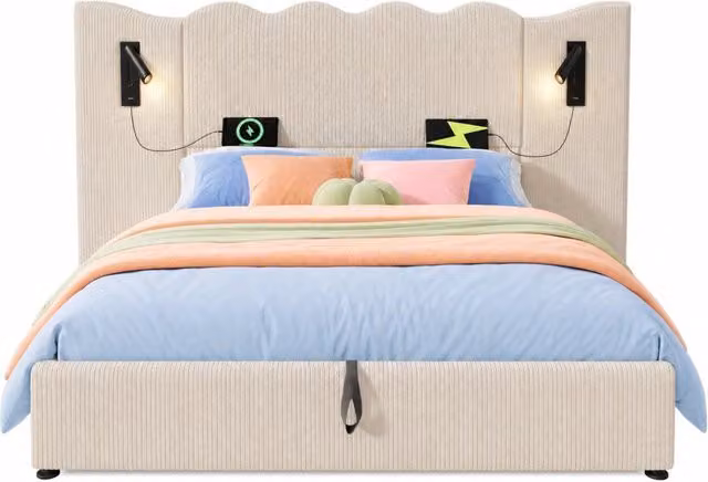 Letto matrimoniale con contenitore 180x200 cm; lampada orientabile; USB e Type-C; velluto a coste beige
