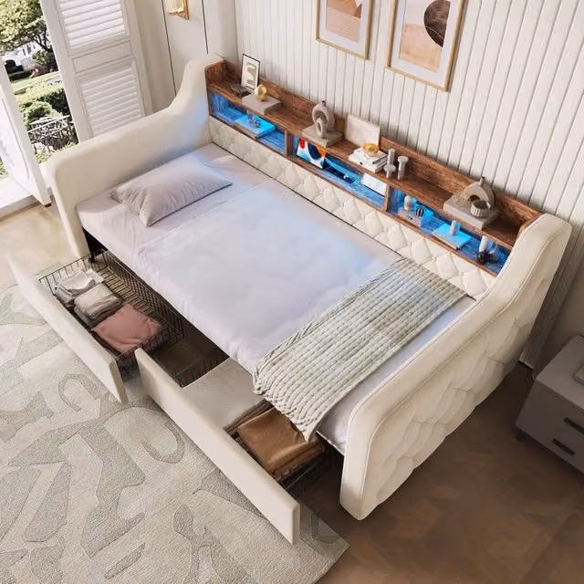 Letto imbottito con contenitore e cassetti ¨C Minimal ¨C Beige velluto 90x190 cm con LED, USB, Type-C, rete a doghe