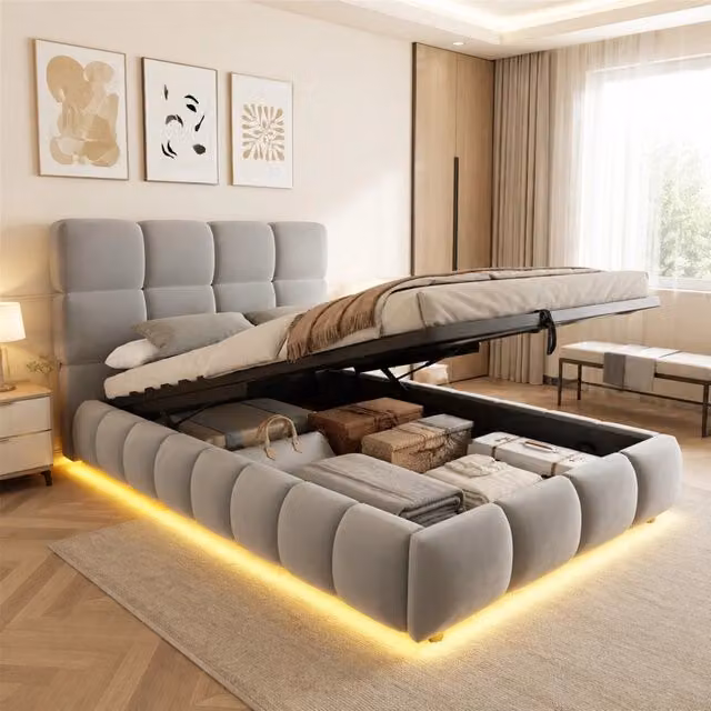 Letto contenitore Mivray con sollevamento idraulico, testiera imbottita in velluto grigio e illuminazione LED sottostante, L/P/H: 90 x 200 x 105 cm